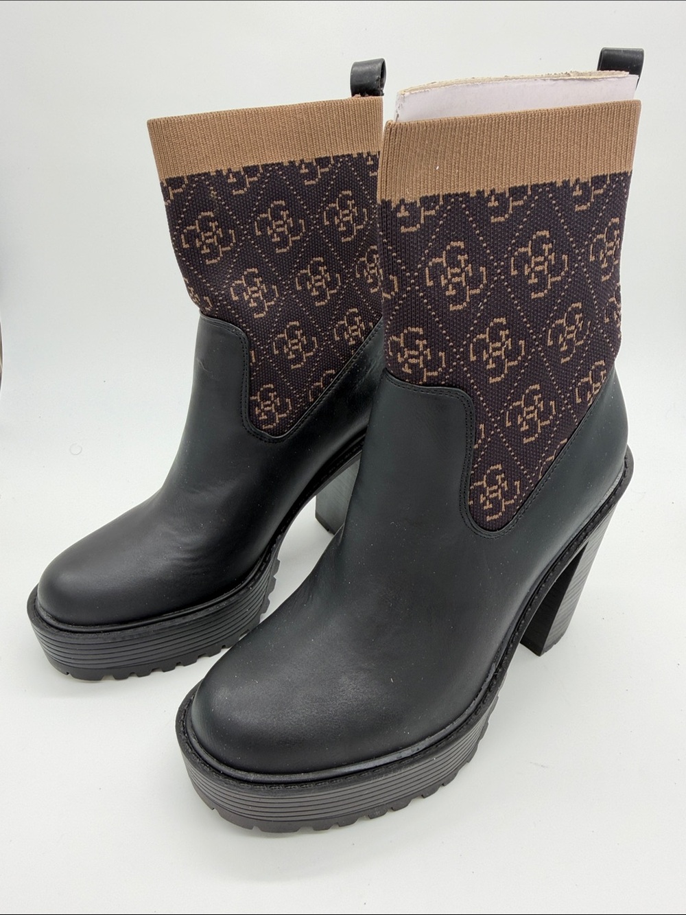 Guess Black Leather Chelsea Booties with Brown Monogram Knit Cuff